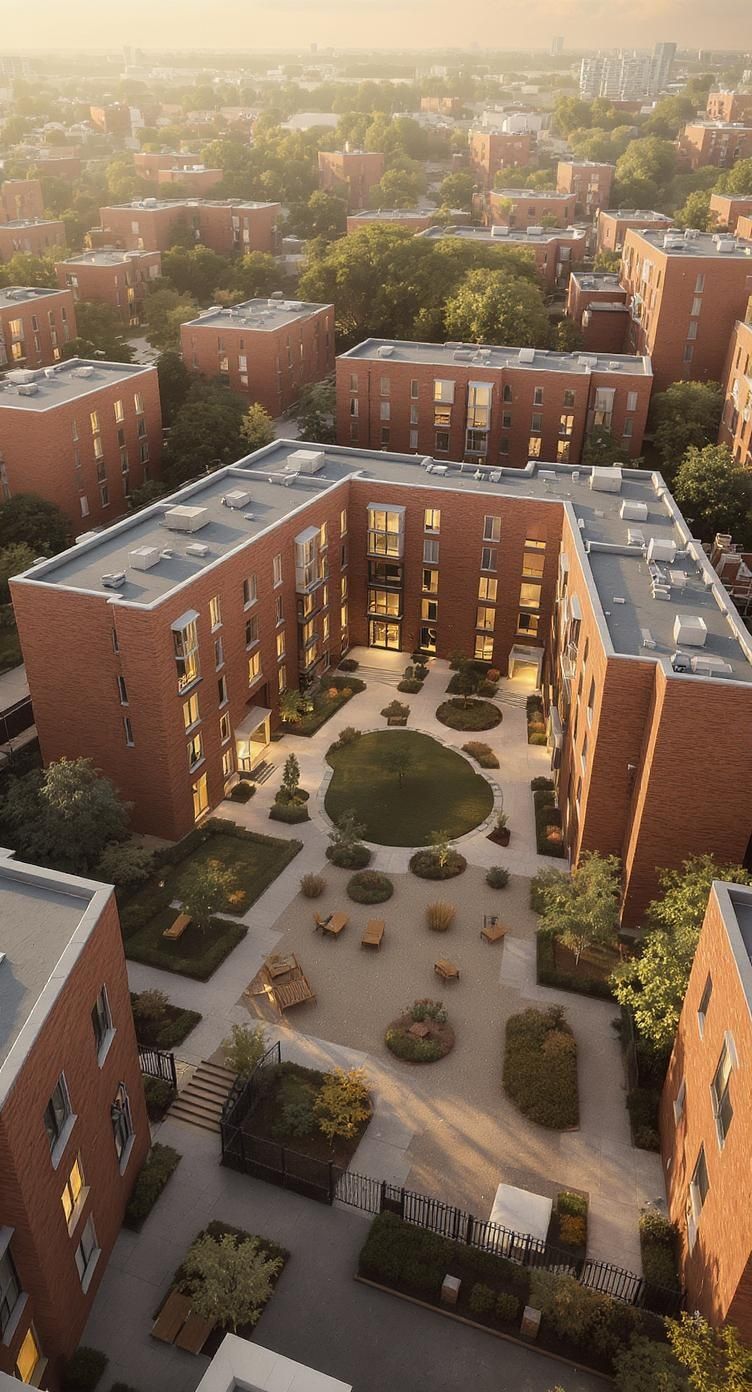 Luxury residential complex with modern glass facades and landscaped courtyard